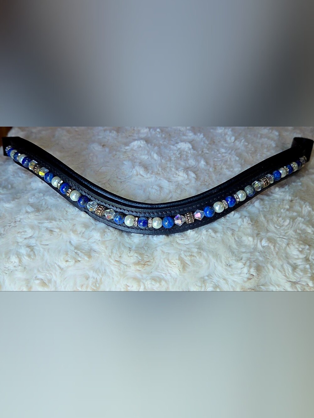 17" Black Padded Leather U Shaped Beaded Browband